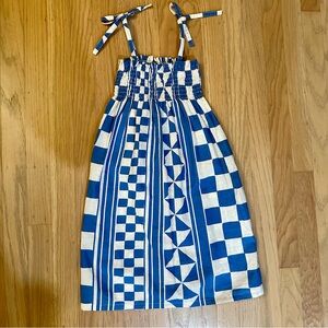 Girls Tea Blue Geometric Spaghetti Strap Smocked Linen Cotton Sun Dress 4T
